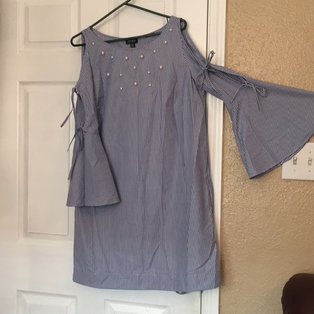 Jones cold shoulder bell sleeve pin stripe dress